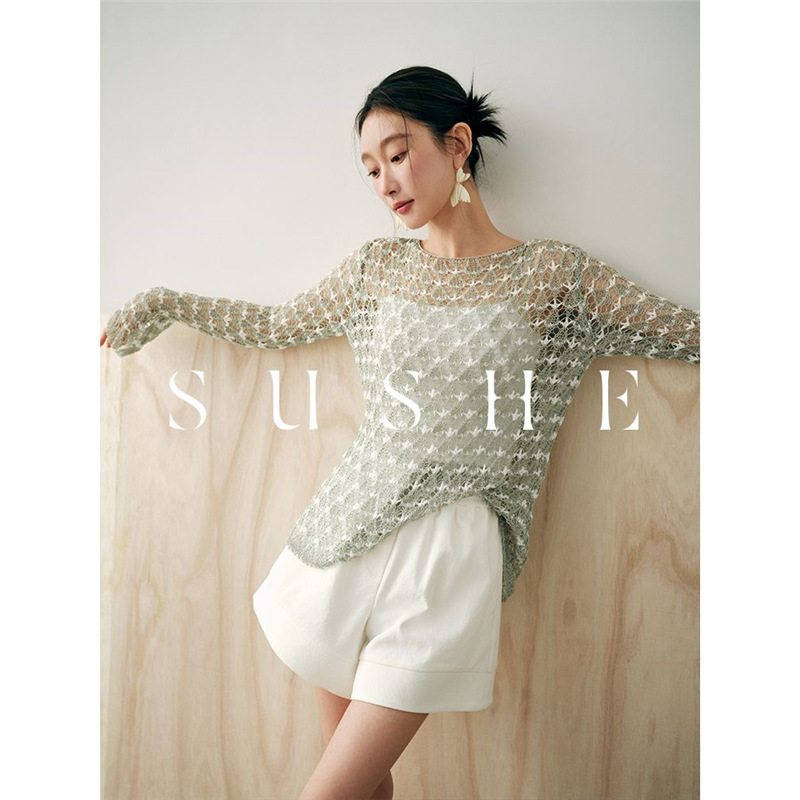Mesh Hollow Knit Sweater 2025 Summer Round Neck Fishnet Thin Cover-Up Loose Long Sleeve Top for Women with Hollow Design