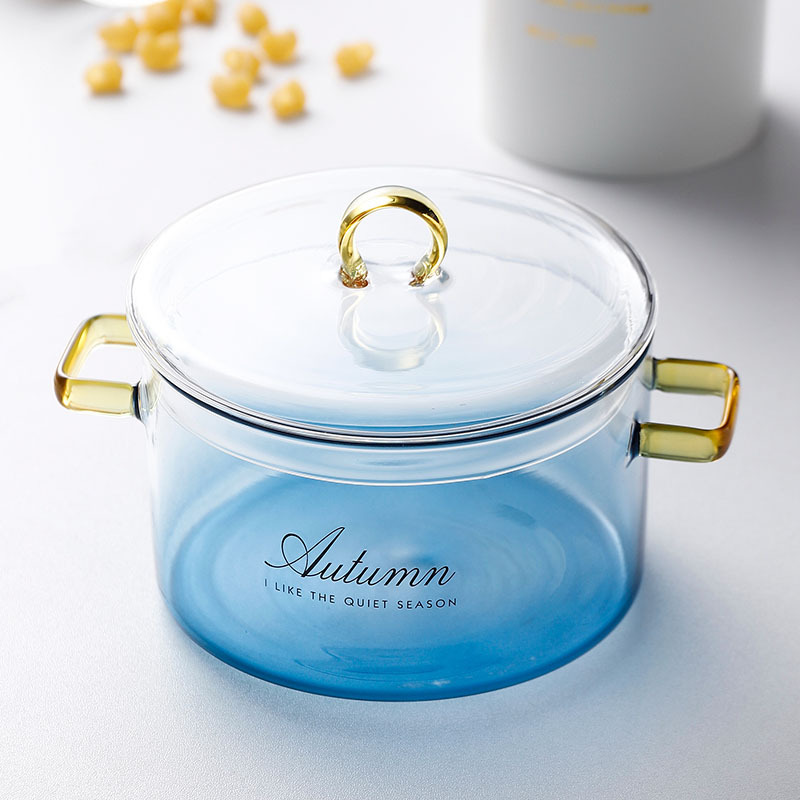 Gradiente tazón de vidrio con tapa de doble oído transparente tazón de fideos instantáneos cocina hogar de gran capacidad de vidrio de borosilicato sopa de leche olla