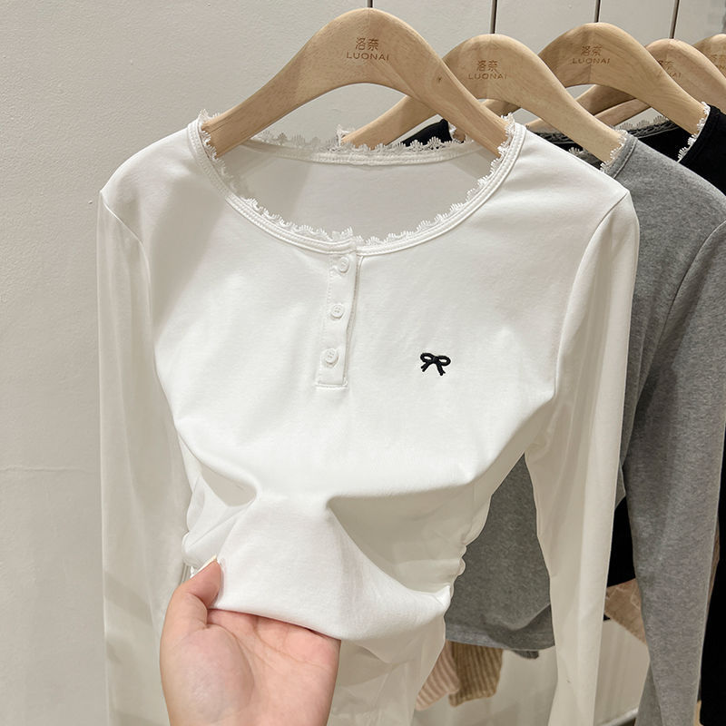 Girls' Lace Base Shirt Spring and Autumn New Children's Long-sleeved T-shirt Thin Western Style Middle and Big Children's Warm Top T-shirt
