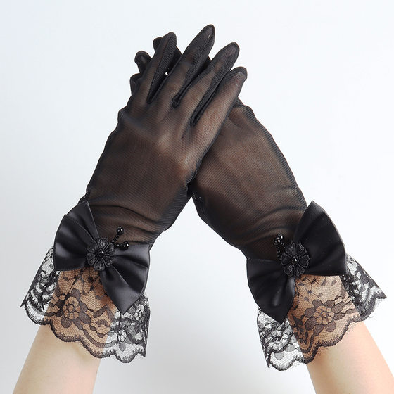 New Lace Lace Gloves Women's Bridal Wedding Dress Driving Sunscreen Mesh Fashionable All-match Bow Pearl