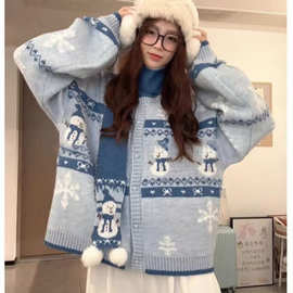 圆领长袖毛衣外套女秋季趣味雪人费尔岛新款慵懒两件套针织开衫