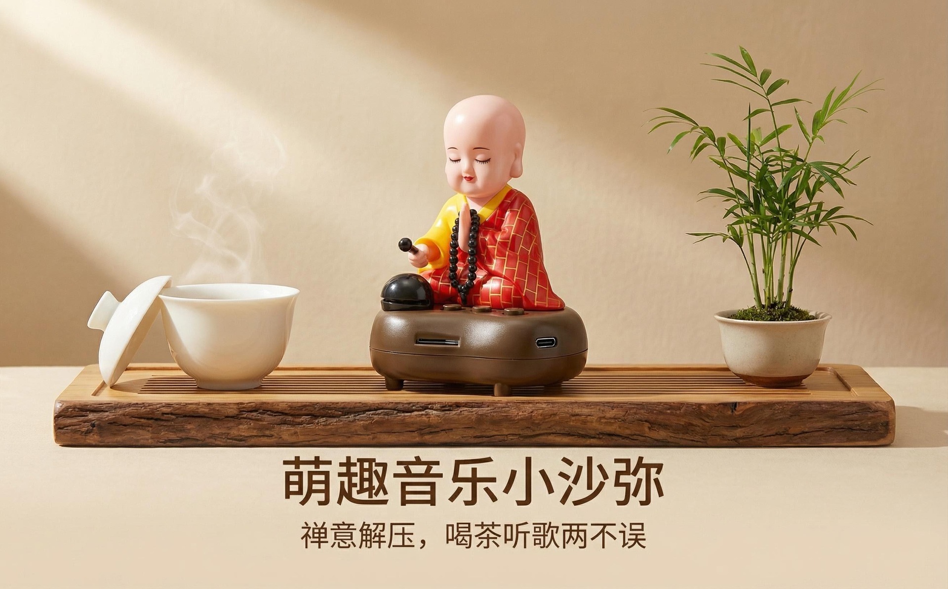 Musical little monk nodding and tapping on a wooden fish, car dashboard ornament, interior home decoration figurine, premium accessory
