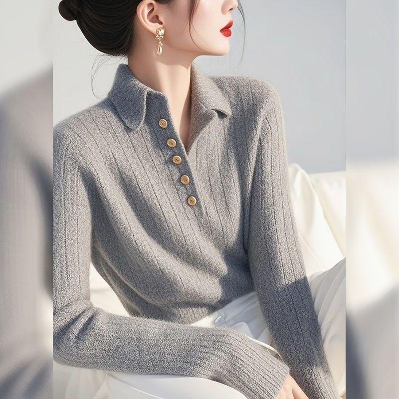 Grey Polo Collar Pullover Knitted Sweater Base Shirt Women's Winter New Waist Slimming High-end Inner Top