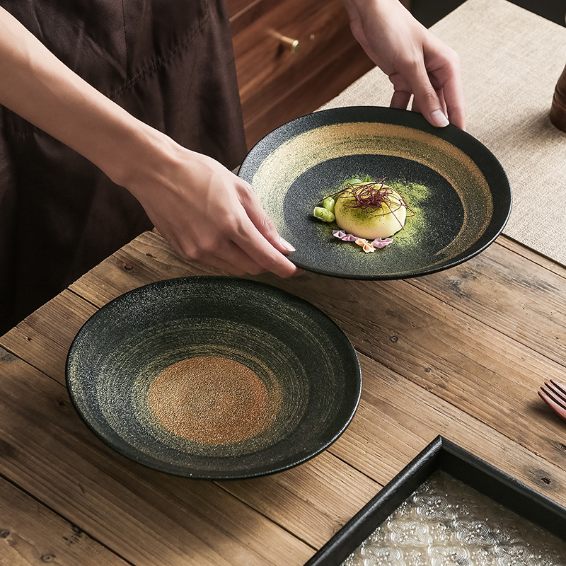 Cuencos de cerámica pintados a mano de arena negra, platos de cerámica, platos de ensalada, platos de pescado hervido, platos