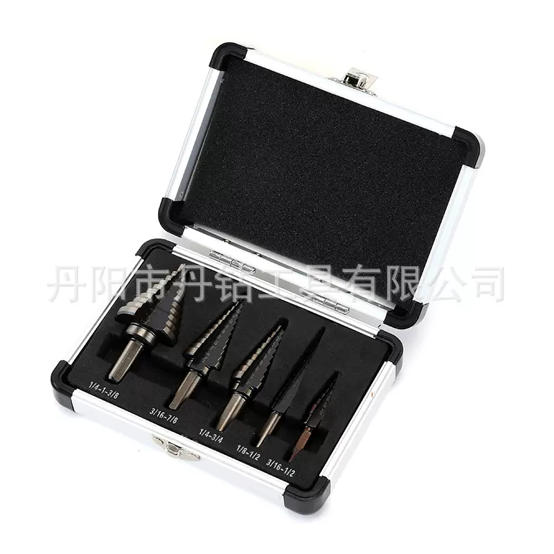 跨境英制5PC铝盒装宝塔钻阶梯钻头5PC黑黄宝塔钻头阶梯钻扩孔套装