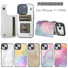 适用苹果iPhone14插卡皮套大理石纹手机壳17promax支架防摔多功能