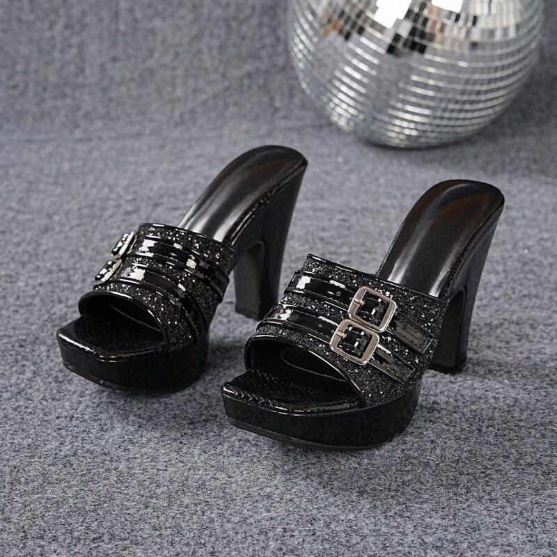 Buckle accessory sequin chunky heel comfortable sandals for women, non-slip, 2026 new fashion versatile summer high-heeled outdoor wear