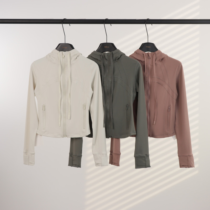 (in Stock) Short Hooded Jacket Running Yoga Jacket Sports Slim-Fit Zip-Up Cardigan Fitness Top for Women