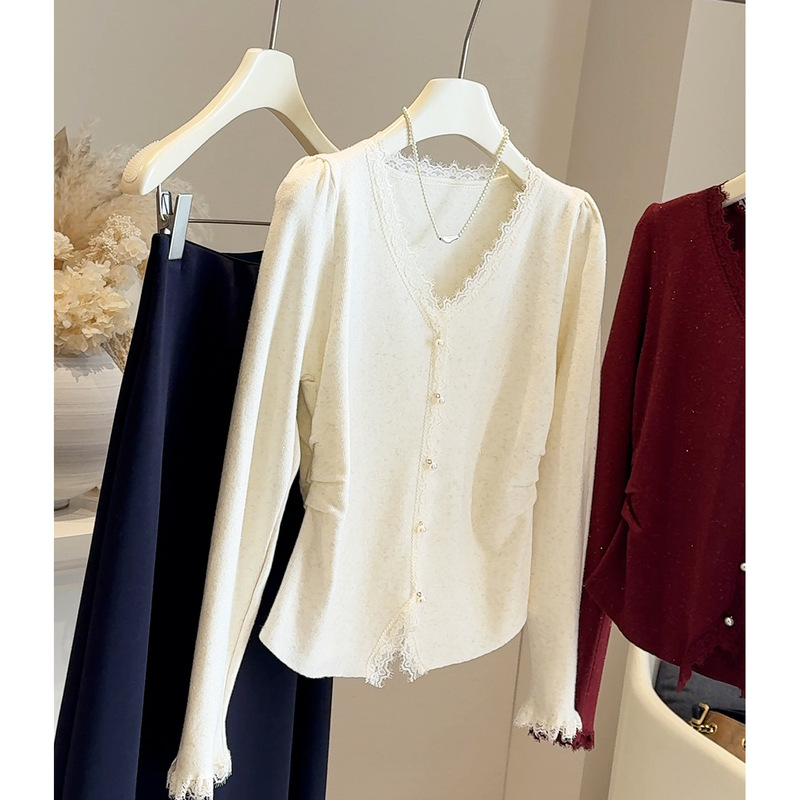 Glitter V Neck Knitwear Knitwear Women's Long-Sleeved 2025 Autumn New Lace Splicing Versatile Pure Color Pullover Bottoming Shirt