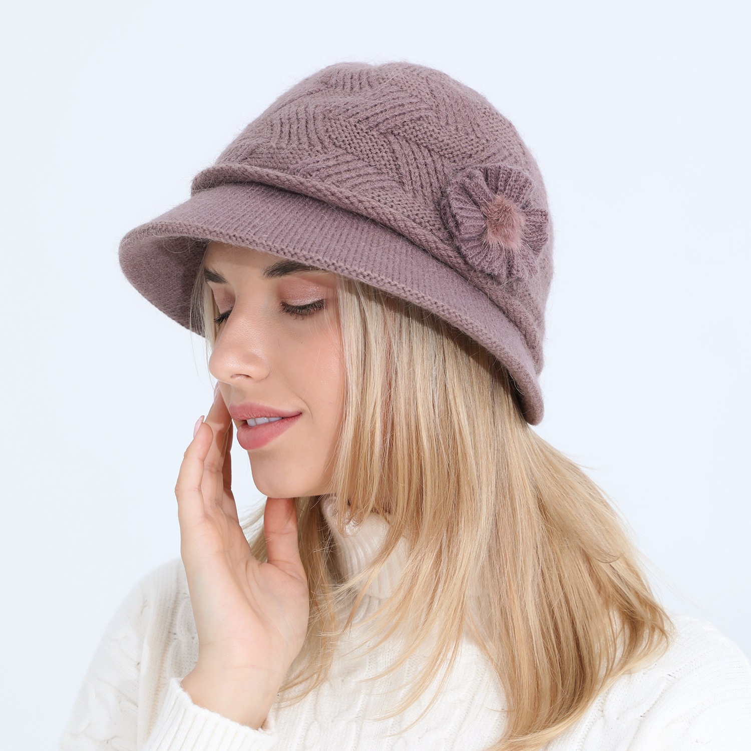 Gestrickte Damen Mütze Mit Kaninchenhaar Warm Für Den Winter_voghion.com