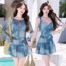 泳衣女2026新款连体裙式高级感扎染长袖罩衫两件套遮肉保守遮肚子