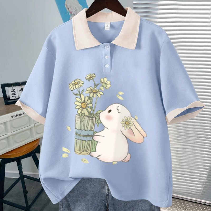 Cotton versatile short-sleeve T-shirt, new trendy college style color-blocking POLO shirt for girls, summer casual versatile top Cotton versatile short-sleeve T-shirt, new trendy college style color-blocking POLO shirt for girls, summer casual versatile top