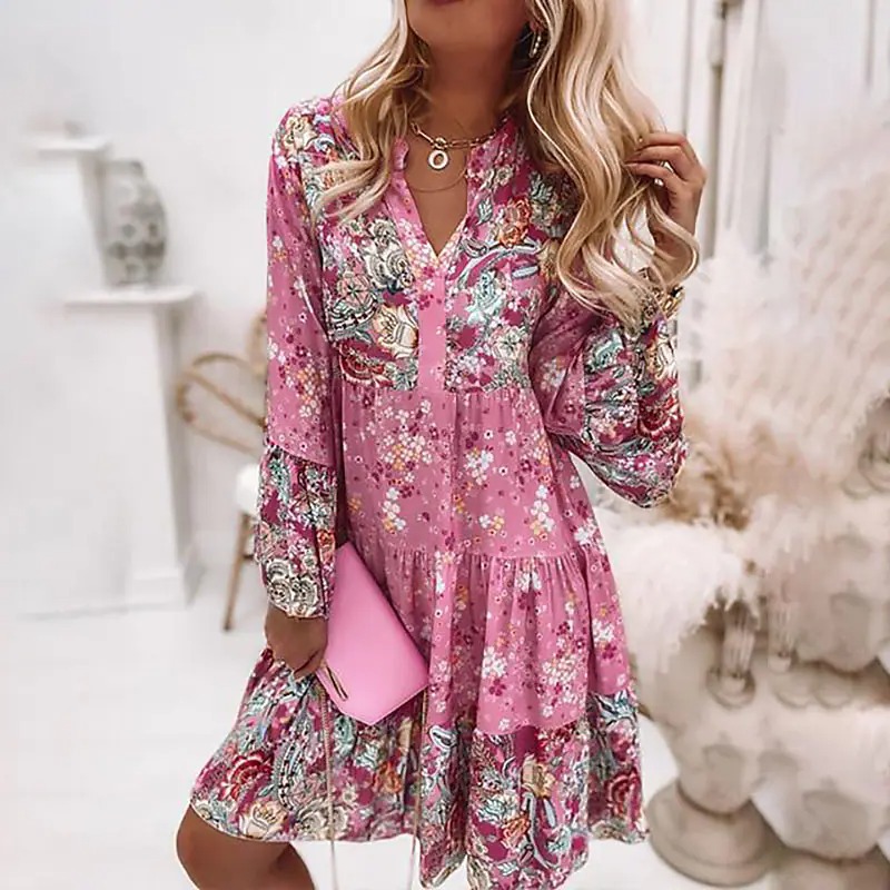 long sleeve v neck loose flower print dress NSFH130978