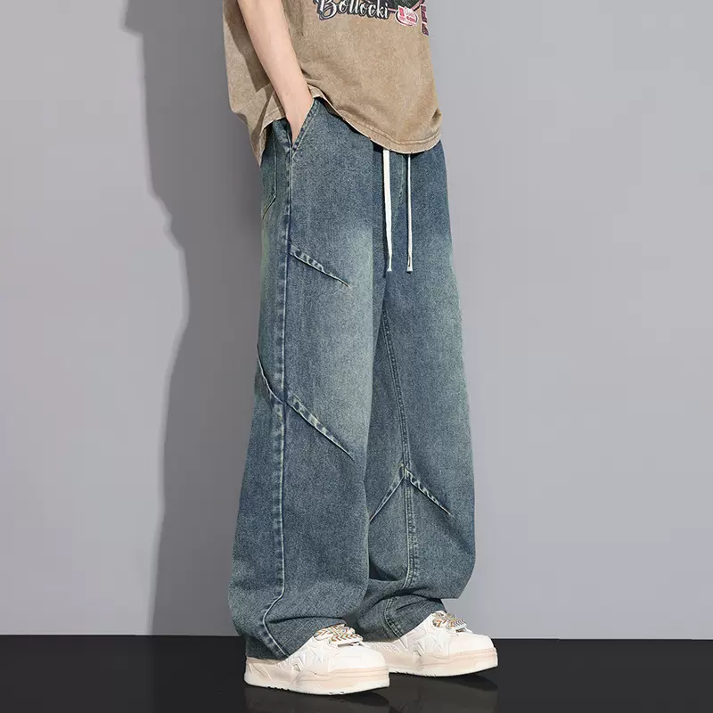 美式复古牛仔裤男款夏季时尚褶皱设计感阔腿工装裤高街百搭休闲裤
