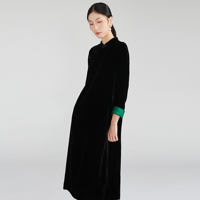 National Style Buttoned Velvet New Chinese Style Dress for Women, Silk Qipao Collar, Elegant Long Dress for Spring National Style Buttoned Velvet New Chinese Style Dress for Women, Silk Qipao Collar, Elegant Long Dress for Spring