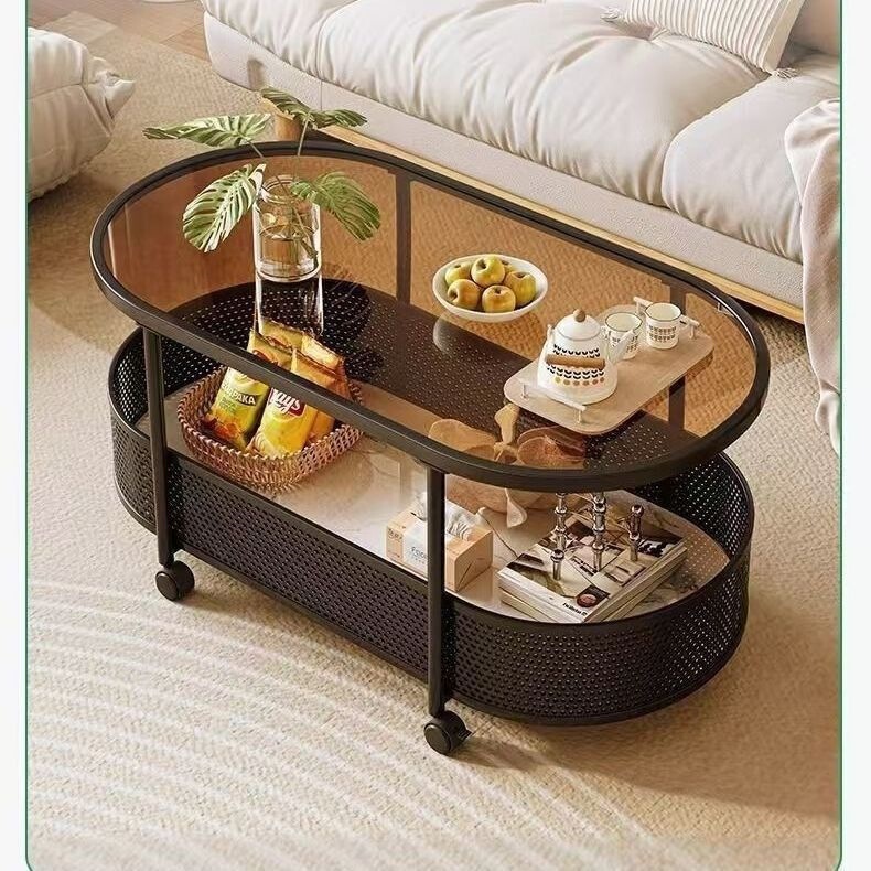 Coffee Table for Home Use, Cream Style, Suitable for Small Apartments, Movable Glass Oval Coffee Table, Side Trolley for Living Room Sofa