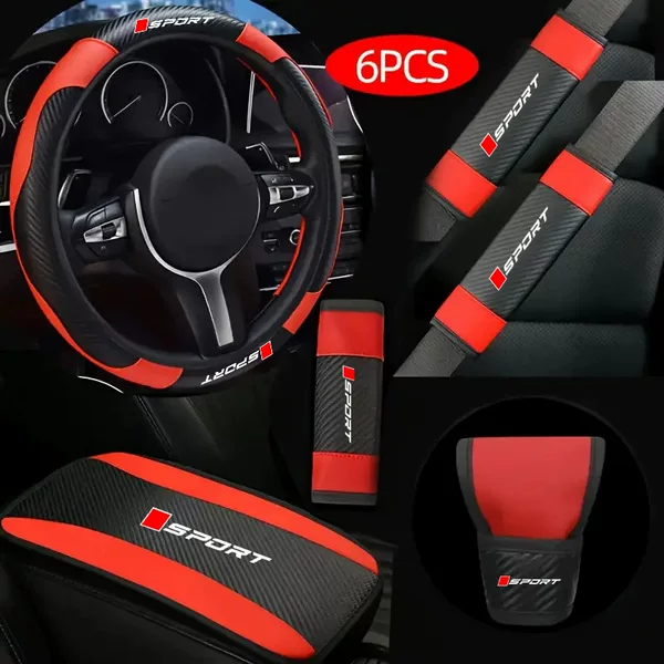 Cross-Border Foreign Trade Car Steering Wheel Cover Carbon Fiber Pattern Leather Splicing Sports Style Gear Cover Shoulder Protector Armrest Box Mat Set