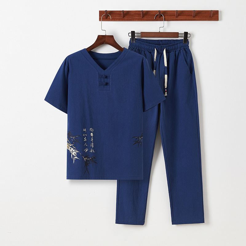 2025 New Summer Large Size Men's Chinese Style Linen Short-Sleeved Suit Men's Han Dynasty T-Shirt Nine-Point Pants Two-Piece Set