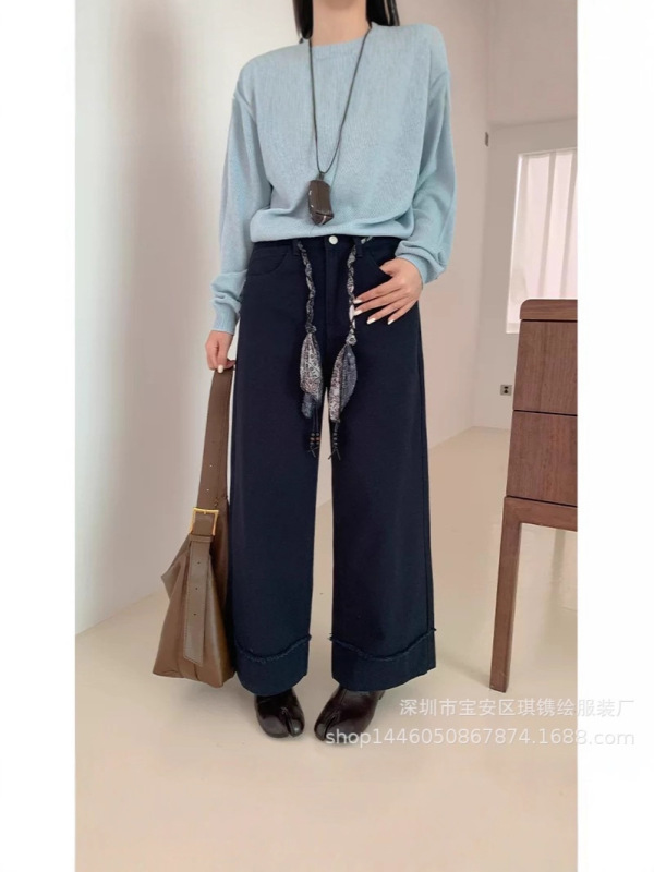 琪镌绘制秋季新款简约直筒显瘦高腰拼接毛边宽松休闲长裤女9986|undefined