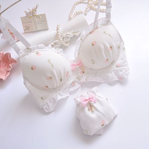 Long-term Japanese two-color water-soluble embroidered film cup without rims fresh girl cute push-up underwear bra set