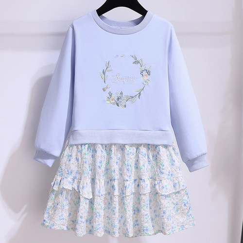 Girls' dress spring long-sleeved fashionable fake two-piece sweatshirt spliced ​​floral skirt spring and autumn children's princess skirt