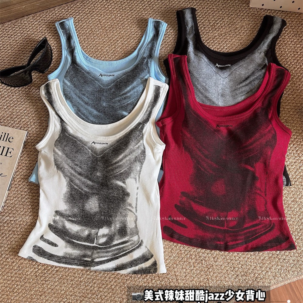 American-Style Spicy Girl Color-Blocking Printed Camisole with Chest Pad Design, Niche Slim-Fit Short Backless Top for Women