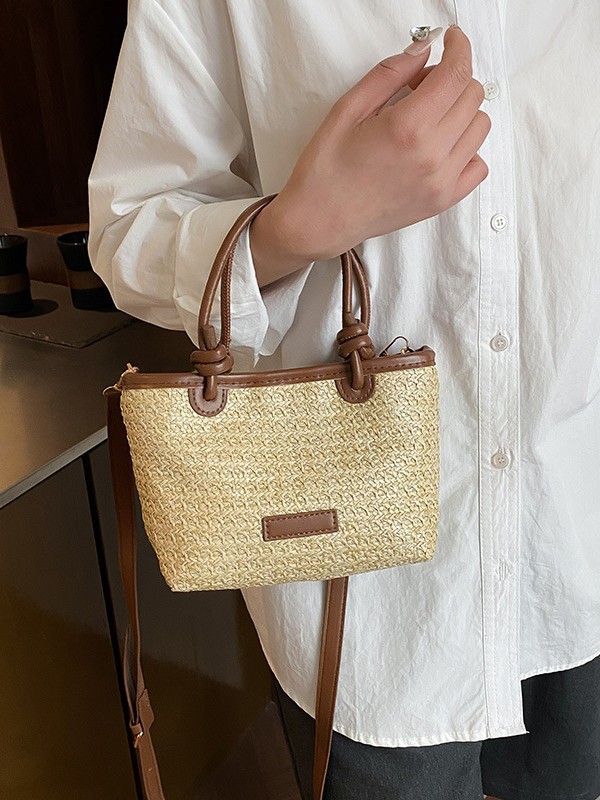 Cross-Border Retro Stitching Handbag Women's 2025 New Straw Fashion Shoulder Crossbody Bag Commuting Large Capacity