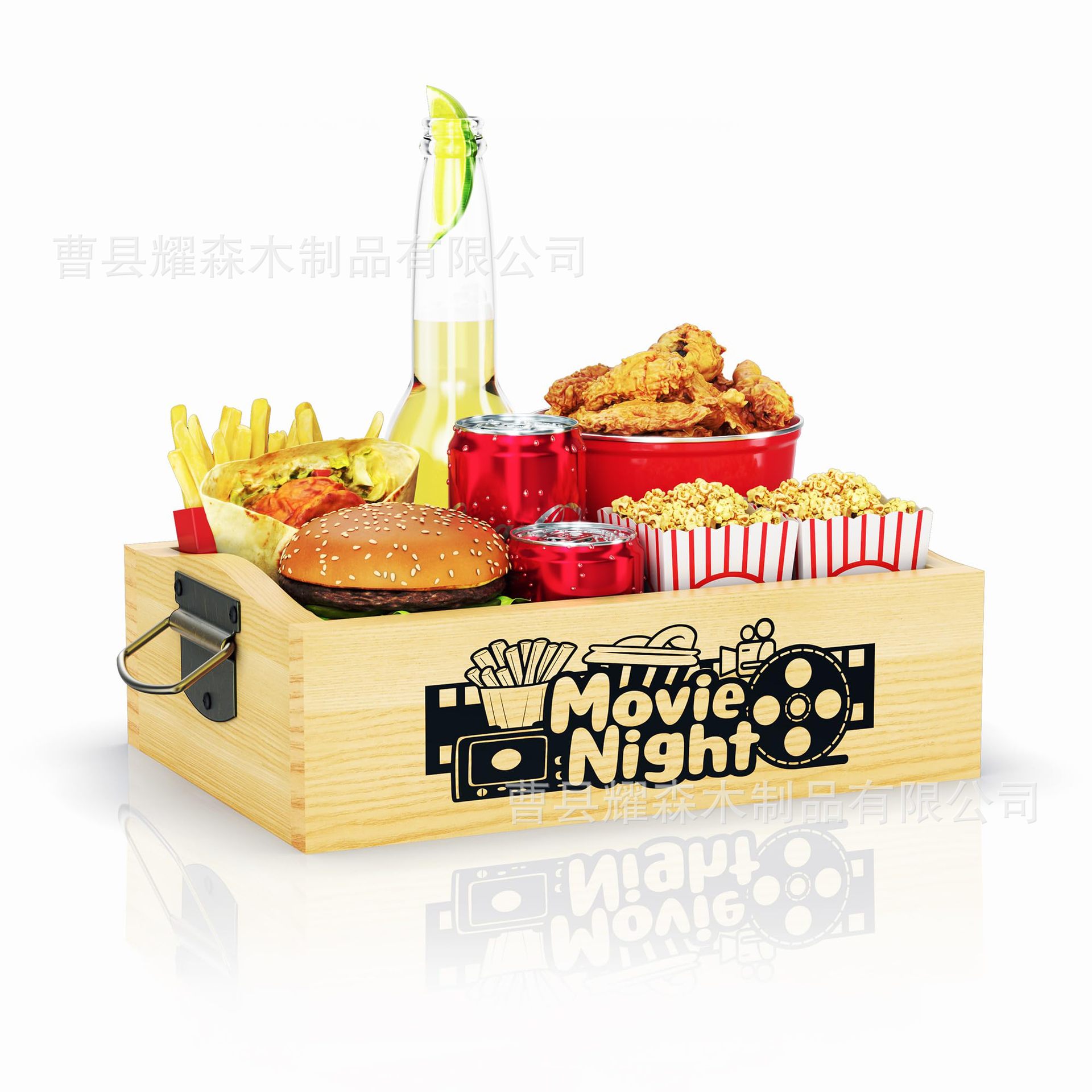 实木电影夜零食收纳盒带手柄木质爆米花托盘家庭派对零食收纳盒