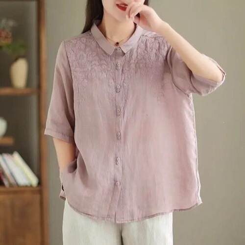 New style national style retro small square collar embroidered shirt with five quarter sleeves temperament age-reducing small shirt for women