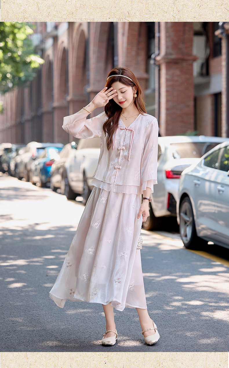 Bộ đầm maxi nữ thắt eo phong cách Trung Hoa mới tay ngắn cổ đứng — Màu như hình chi tiết 13