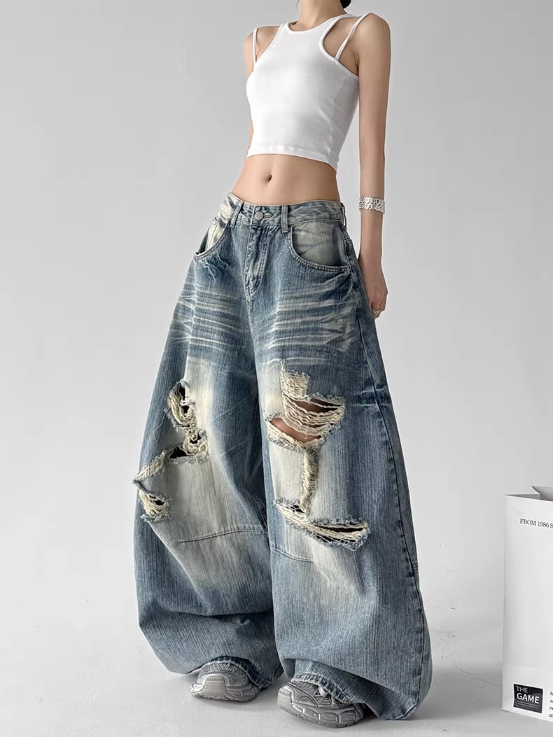 Women's Dark Blue Ripped Wide Leg Jeans Slimming Street Style Floor Length Pants Summer New Design_mkmklike.com