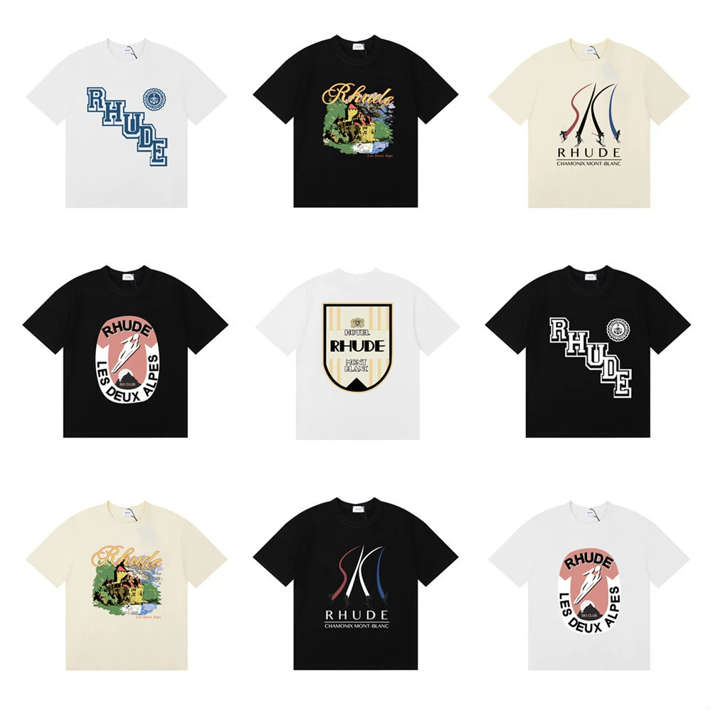 24SS трансграничная европейская и американская модная брендовая футболка RHUDE с короткими рукавами и буквенным принтом для мужчин и женщин, американская уличная футболка с половиной рукава