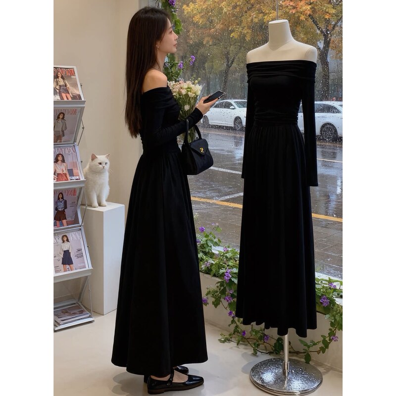 Spring and Autumn One-Shoulder Dress for Women, Long Evening Gown with a High-End Feel, Super Stylish Winter Wear, Hepburn-Style Black Long Dress Spring and Autumn One-Shoulder Dress for Women, Long Evening Gown with a High-End Feel, Super Stylish Winter Wear, Hepburn-Style Black Long Dress