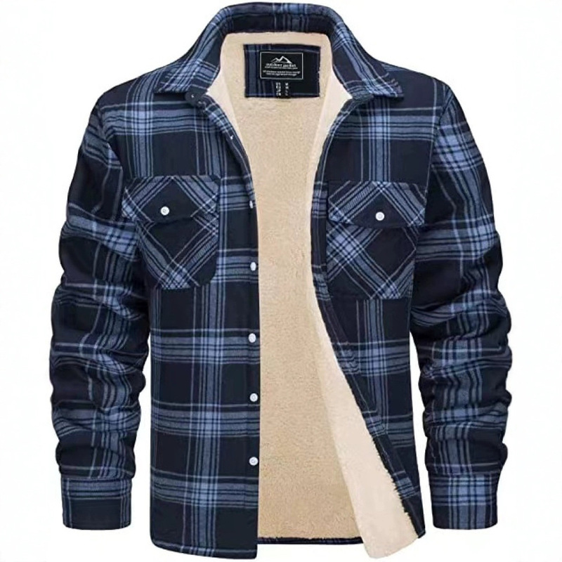Fleece-Lined Men's Jacket 2025 New Amazon Long-Sleeve Turn-Down Collar Single-Breasted Fleece-Lined Plaid Loose-Fit Men's Coat