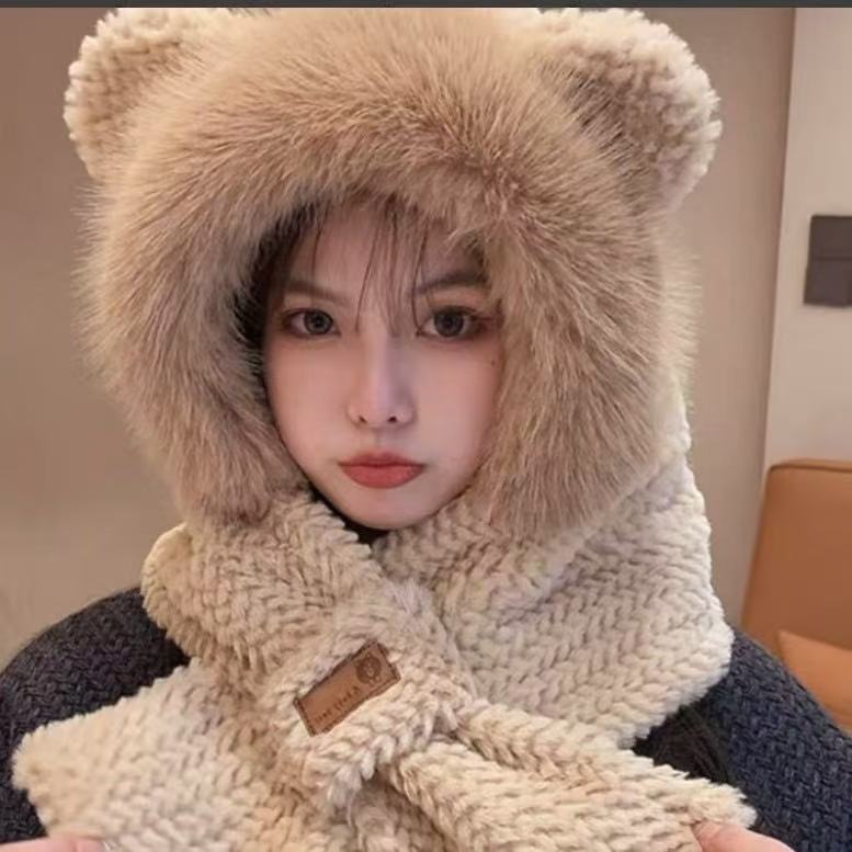 New Autumn and Winter Cycling Knitted Hat Plush Hat for Women, Cold-Proof Scarf Integrated, Warm and Cute Bear Ear Protection Hat
