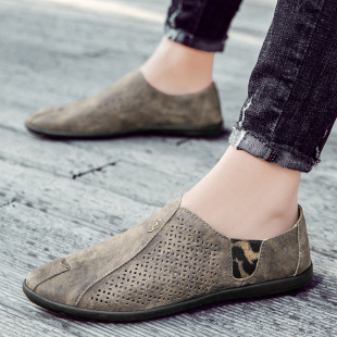 Cross-border Live Selling Doug Shoes Men's Genuine Leather Frosted Slip-on Men's Breathable Summer Hollow-out Leather Shoes Casual