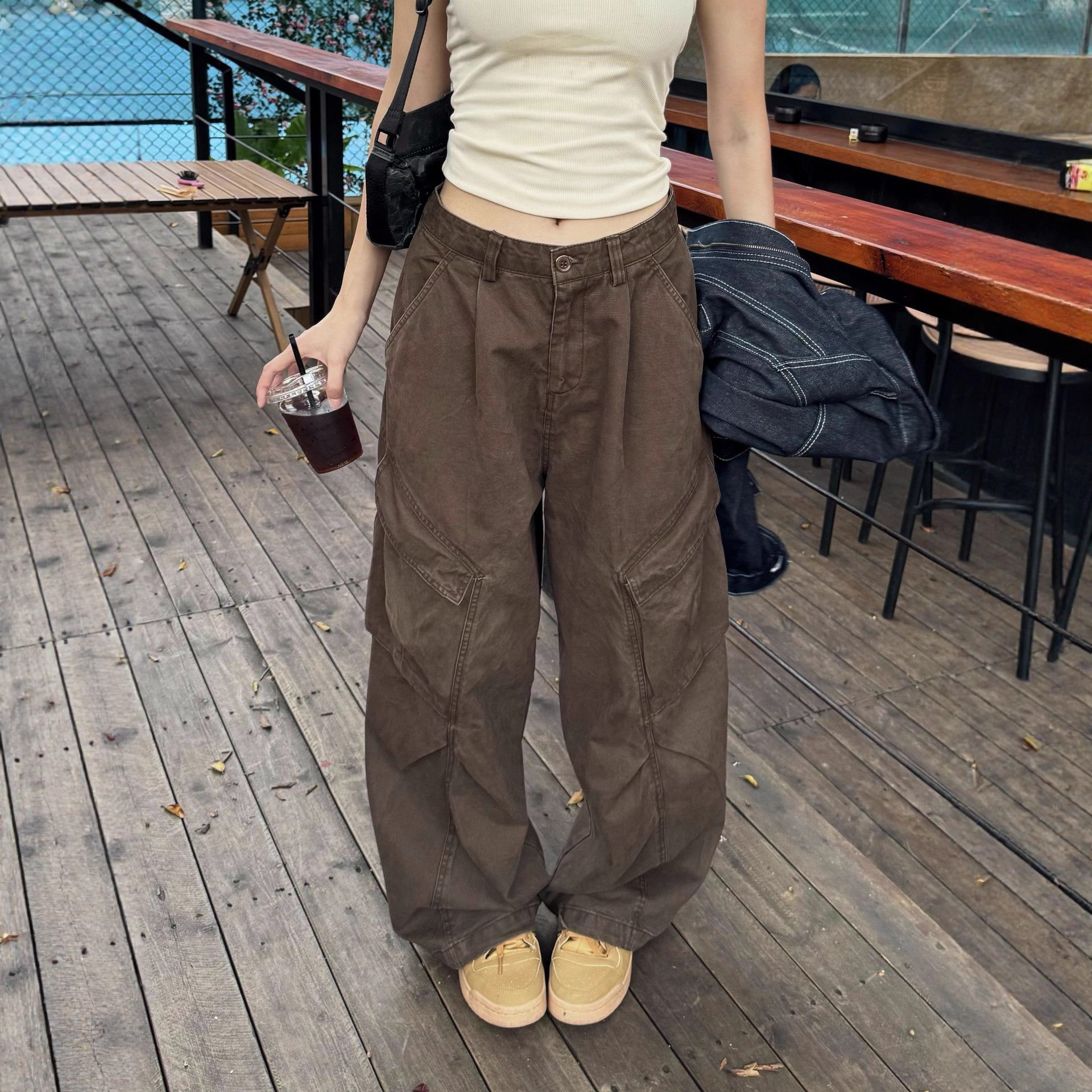 American Retro High Street Cargo Pants for Women, Straight Wide-Leg Casual Pants, New Spring and Autumn Fashion Street Dance Pure Cotton Long Pants