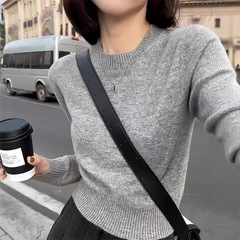 早秋新款圆领100羊毛衫女短款软糯高腰上衣薄款打底羊绒毛衣百搭