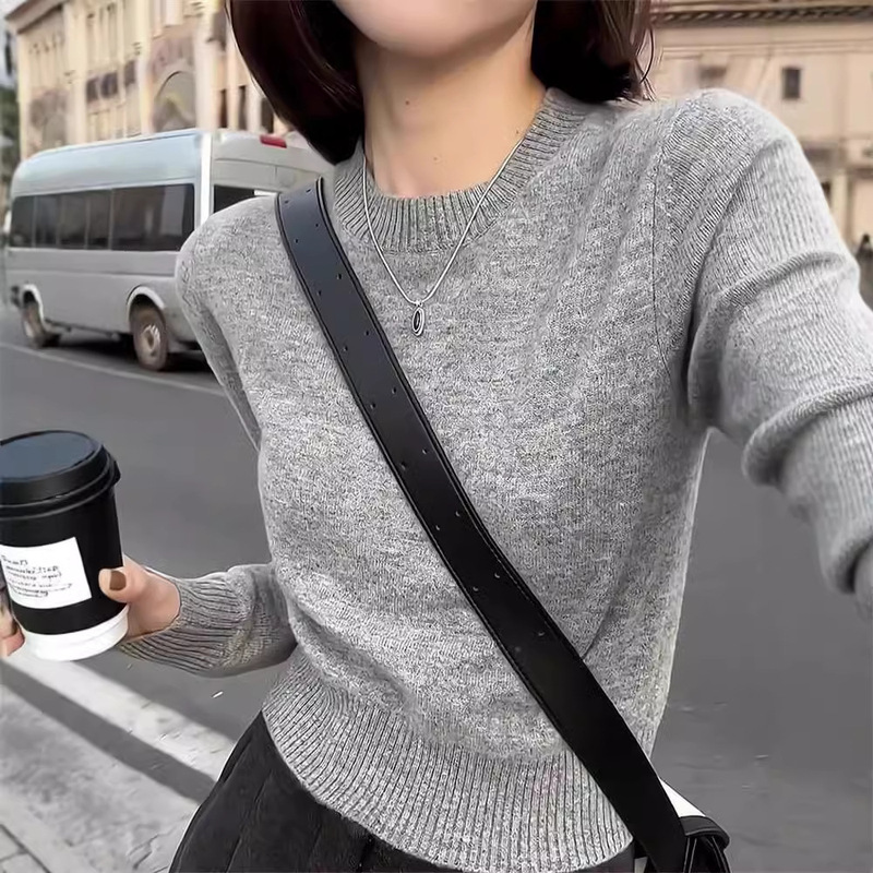 早秋新款圆领100羊毛衫女短款软糯高腰上衣薄款打底羊绒毛衣百搭|undefined