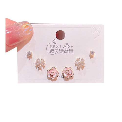Exquisite glazed flower small earrings set of six pieces, women's silver needle mini cute earrings and earrings