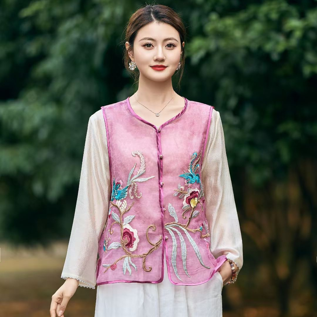2025 Summer New Ethnic Style Retro Round Neck Bead Buckle Vest Women's Artistic Fashion Embroidered Organza Vest
