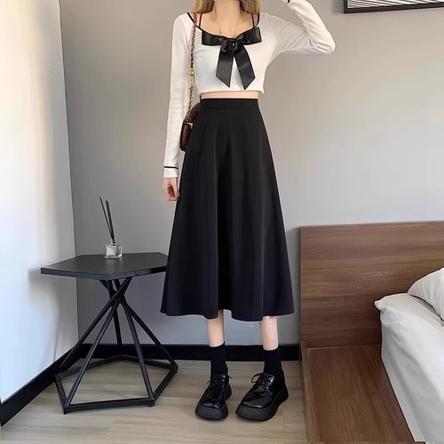 Women's Autumn/Winter Medium-Length High-Waist Slimming A-Line Skirt Black Petite Girl Large Swing Umbrella Skirt
