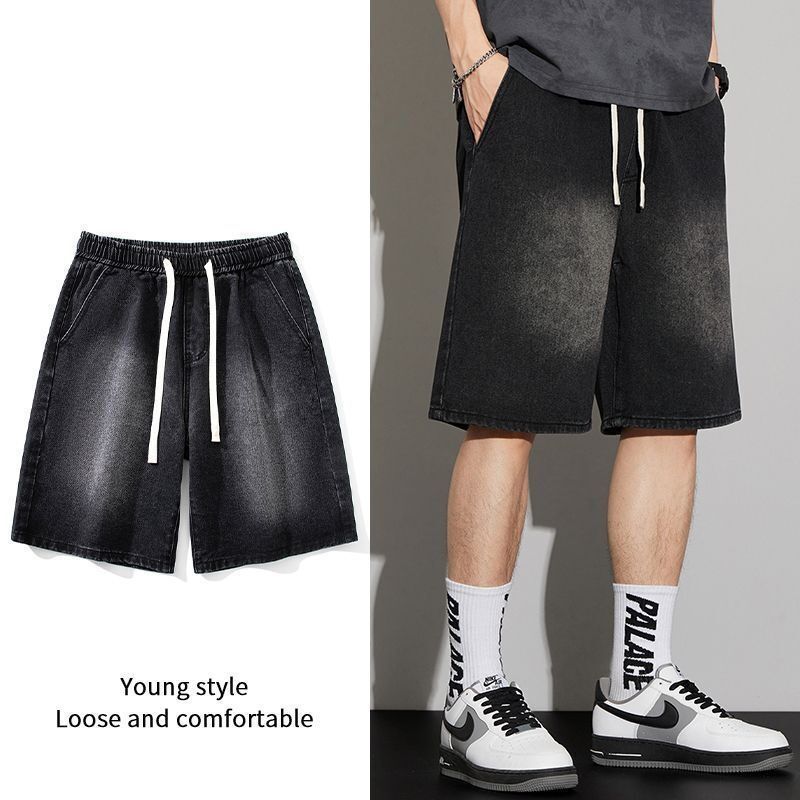 American Retro Trendy Brand Denim Shorts for Men, Summer Trendy Loose Versatile Straight Casual Wide-Leg Knee-Length Shorts for Outdoor Wear