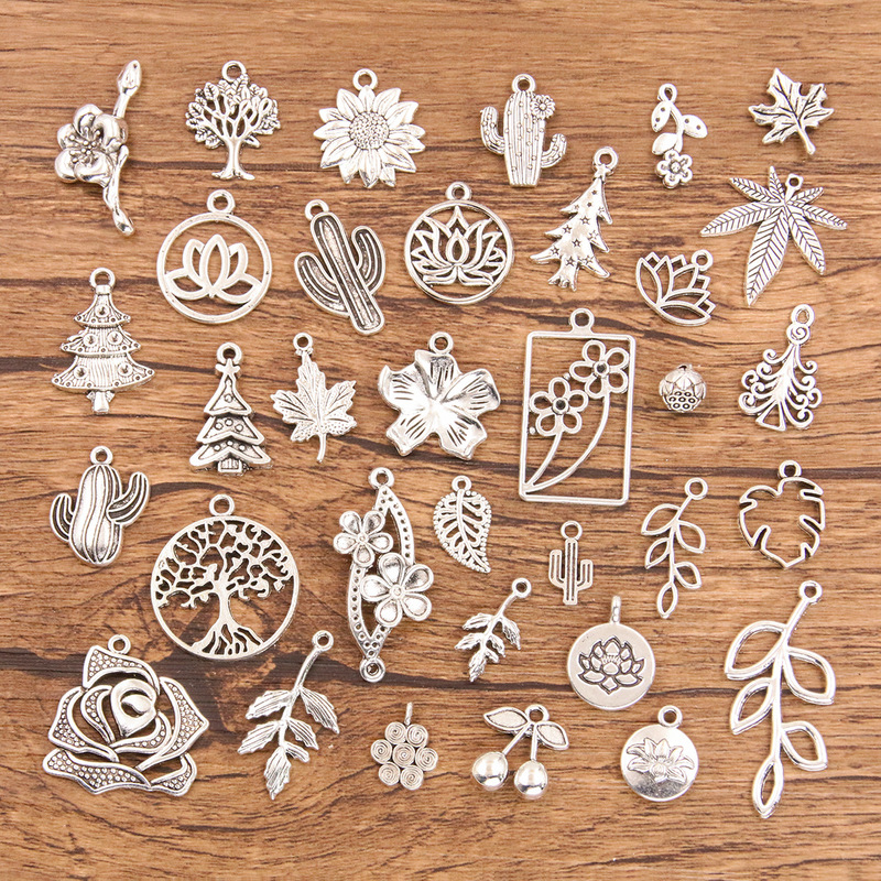 34 Types of Cross-Border Plant Pendants, Leaves, Cactus, Lotus Flowers, Alloy Jewelry Accessories, Zinc Alloy