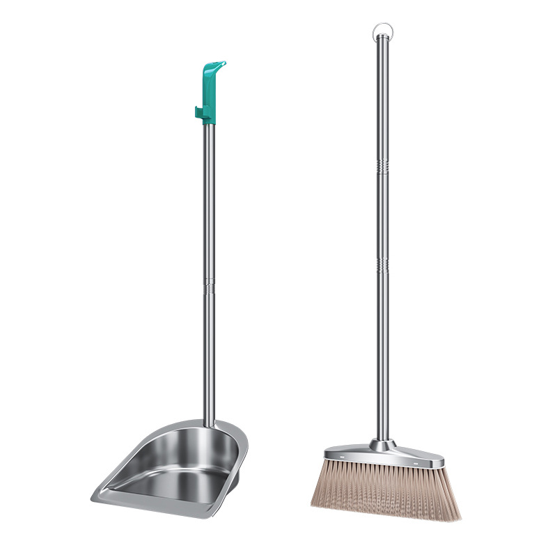 Juego de escoba y recogedor de acero inoxidable, juego doméstico de dos piezas, escoba grande para barrer, recogedor sanitario, pala para basura, venta al por mayor del fabricante.