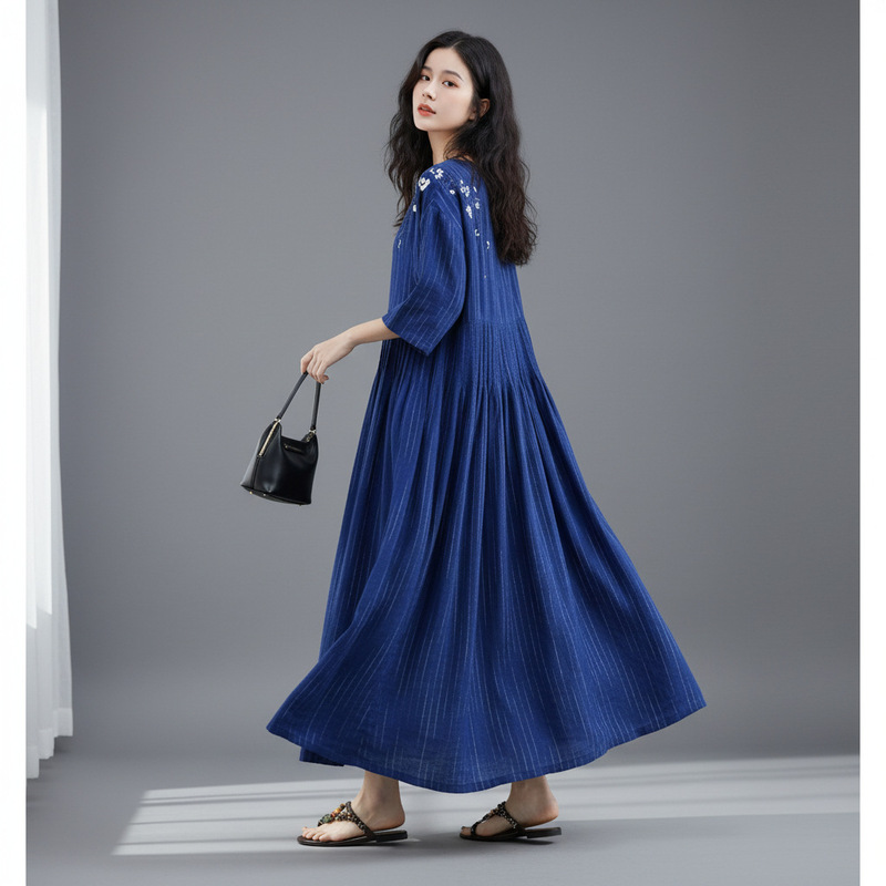 2026 Summer New Ramie Dress with Artistic Striped Embroidery, Lightweight Vintage Plus-Size Flowy Dress 2026 Summer New Ramie Dress with Artistic Striped Embroidery, Lightweight Vintage Plus-Size Flowy Dress