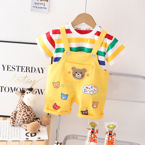  Summer New Boys' and Girls' Casual Hipster Overalls Two-Piece Set for Toddlers Striped Crew Neck Short Sleeve Outfit Dropshipping