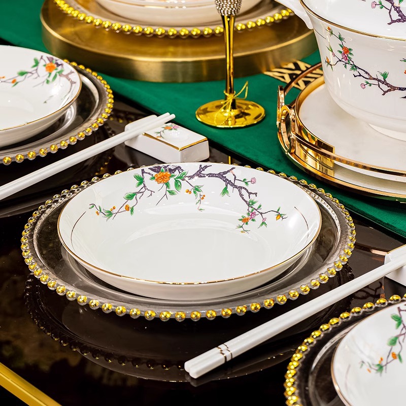 Single Product Pomegranate Flower Bone China Rice Bowl Vegetable Plate Tableware Dishes suit Household Microwave Oven Phnom Penh Dishwasher Suitable