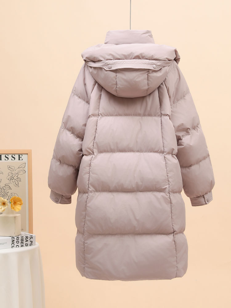 中丈の白いグースダウンジャケット レディース 2025年新作 韓国風 厚手 リボン付き フード付き ゆったり 膝丈 冬用コート