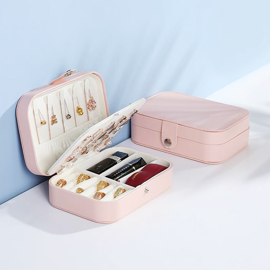 简约翻盖旅行双层饰品盒戒指项链耳钉多层首饰盒便携式珠宝 收纳
